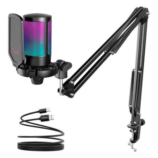 Fifine A6T USB Gamong Microphone With RGB And Boom Arm Stand - Black