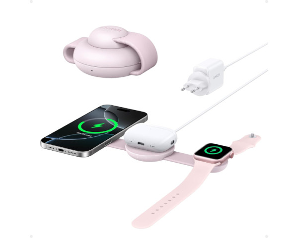 ANKER MagGo Bežični 3u1 sklopivi punjač roze 