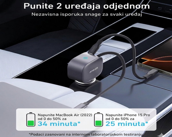 ANKER Nano 75W, sa ugrađenim USB-C kablom na izvlačenje i USB-C portom, auto punjač 