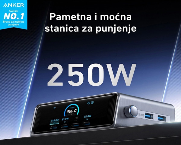 ANKER Prime 250W GaN stoni brzi punjač, 6-portova (4x USB-C, 2x USB-A) srebrni 