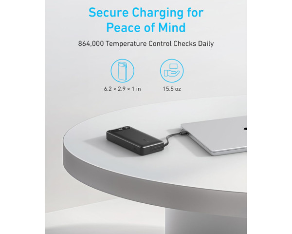 ANKER 20000mAh, 87W, sa ugrađenim USB-C kablom na izvlačenje, Power Bank crni 