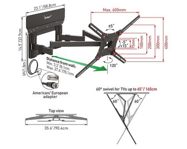 BARKAN VTM464L LCD TV zglobni zidni nosač do 90 inča sa ugrađenom sobnom antenom 
