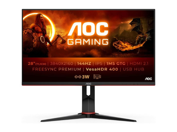 Monitor AOC U28G2XU2/BK 28''/IPS/3840x2160/144Hz/1ms GtG/HDMIx2,DP,USB/freesync/pivot,visina/crna