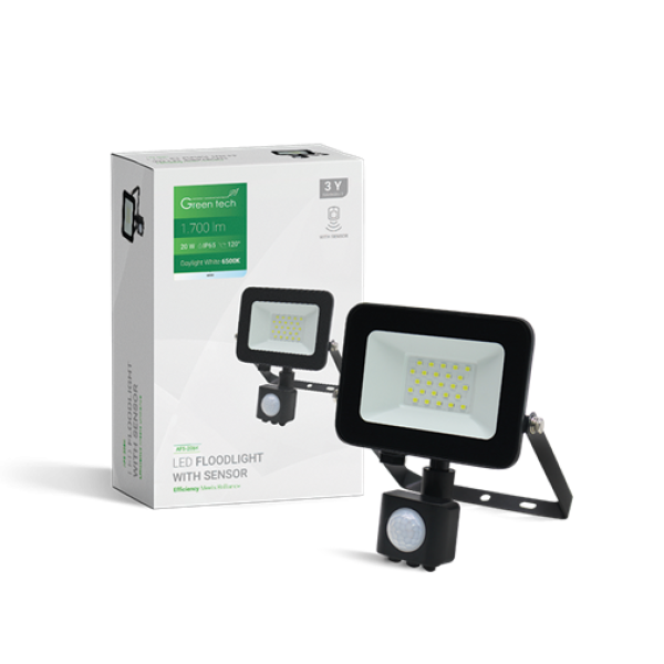 LED REFLEKTOR 20W GREENTECH 6500K CRNI AFS-20BK SENZOR