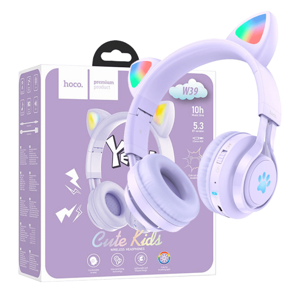 hoco. Bežične stereo slušalice, Bluetooth v5.3, 400mAh - W39 slušalice Mačje uši,Ljubičaste