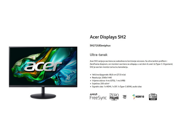 Monitor ACER SH272UEbmiphux 27''/IPS/2560x1440/100Hz/1ms VRB/HDMI,DP,USB type C/pivot,visina/crna